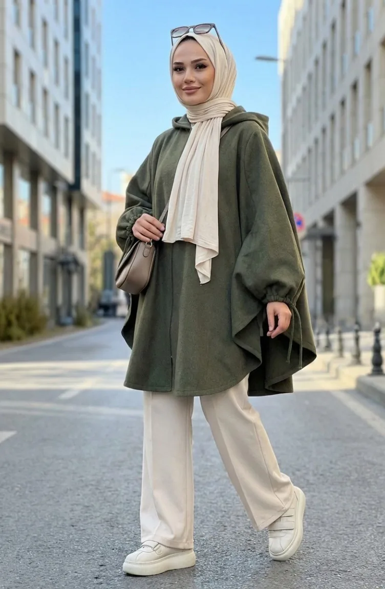 Poncho à Capuche En Cachemire 0505-08 Vert Kaki 0505-08
