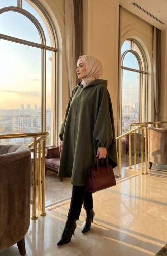 Kapüşonlu Kaşe Panço 0505-08 Haki Yeşil