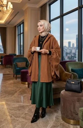 Kapüşonlu Kaşe Panço 0505-09 Taba