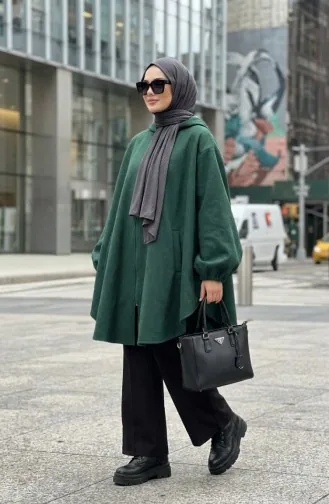 Kapüşonlu Kaşe Panço 0505-10 Zümrüt Yeşil