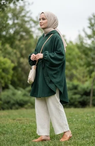Kapüşonlu Kaşe Panço 0505-10 Zümrüt Yeşil