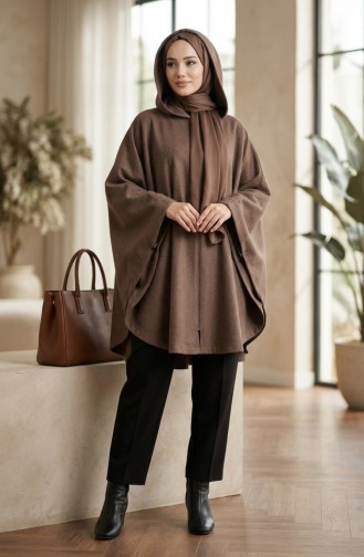 Poncho En Cachemire à Capuche Et Hijab 0505-04 Vison Foncé 0505-04