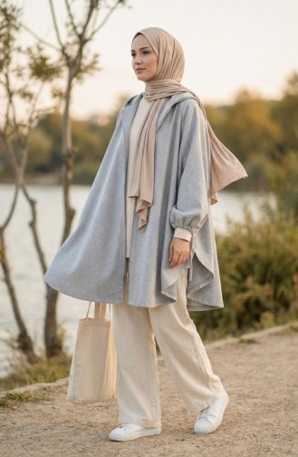 Poncho En Cachemire à Capuche Avec Hijab 0505-05 Gris 0505-05