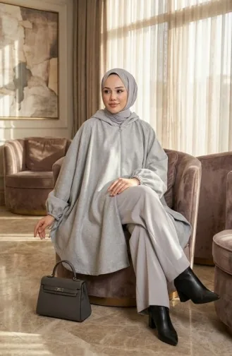 بونشو حجاب كشمير بغطاء للرأس 0505-05 رمادي 0505-05