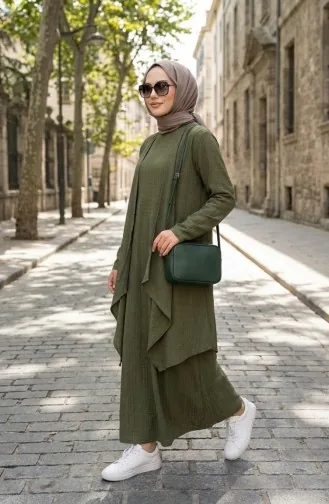 Dress And Vest Two-Piece Set 6527-10 Khaki Green 6527-10