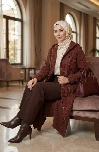 Kapüşonlu Düğmeli Kaşe Kap 0201-09 Kiremit