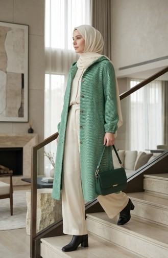 معطف كشمير بغطاء رأس وأزرار 0201-18 أخضر 0201-18