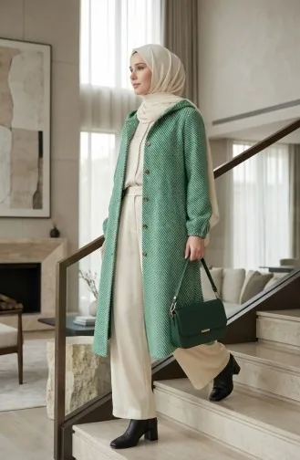 Manteau En Cachemire à Capuche Et Boutons 0201-18 Vert 0201-18