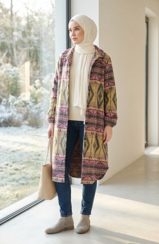 Etnik Desenli Düğmeli Mevsimlik Kap 2500-02 Gül Kurusu Sarı