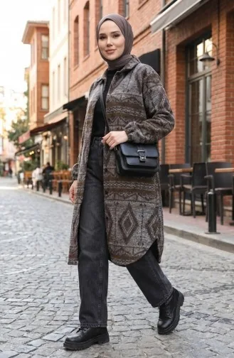 Winterjas Met Etnische Print En Knoopsluiting 2500-03 Antracietbruin 2500-03