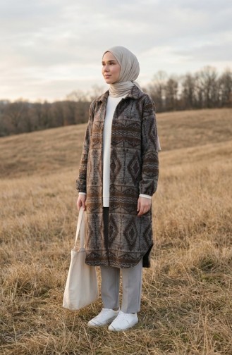 Etnik Desenli Düğmeli Mevsimlik Kap 2500-03 Antrasit Kahverengi