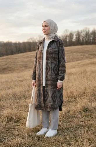 Winterjas Met Etnische Print En Knoopsluiting 2500-03 Antracietbruin 2500-03