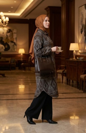 Etnik Desenli Düğmeli Mevsimlik Kap 2500-03 Antrasit Kahverengi