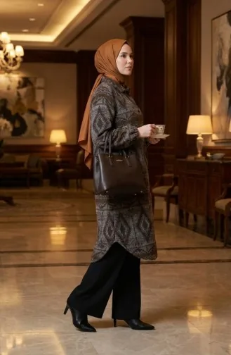 Winterjas Met Etnische Print En Knoopsluiting 2500-03 Antracietbruin 2500-03