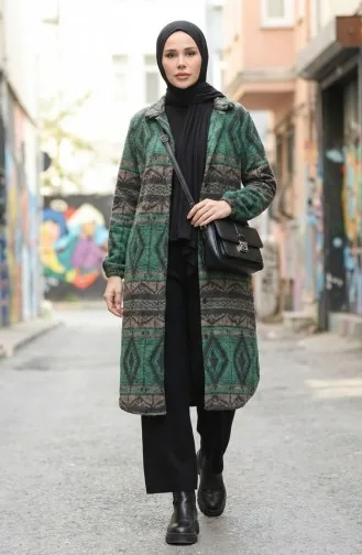 Ethnic Patterned Buttoned Winter Coat 2500-04 Emerald Green Mink 2500-04