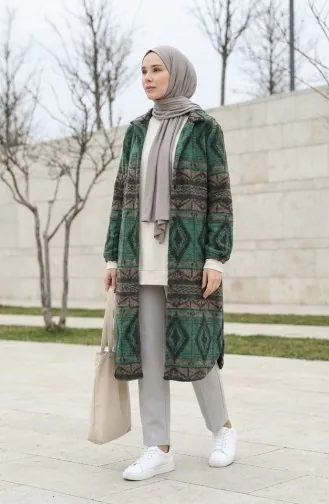 Ethnic Patterned Buttoned Winter Coat 2500-04 Emerald Green Mink 2500-04