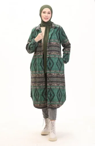 Ethnic Patterned Buttoned Winter Coat 2500-04 Emerald Green Mink 2500-04