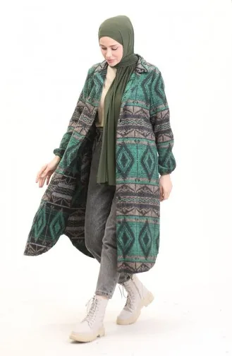 Ethnic Patterned Buttoned Winter Coat 2500-04 Emerald Green Mink 2500-04