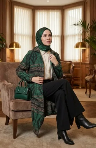 Ethnic Patterned Buttoned Winter Coat 2500-04 Emerald Green Mink 2500-04