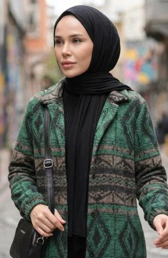 Ethnic Patterned Buttoned Winter Coat 2500-04 Emerald Green Mink 2500-04