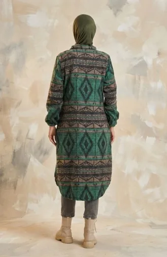 Ethnic Patterned Buttoned Winter Coat 2500-04 Emerald Green Mink 2500-04