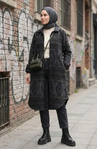 Ethnic Patterned Buttoned Winter Coat 2500-05 Khaki Anthracite 2500-05