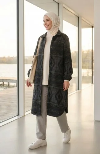 Ethnic Patterned Buttoned Winter Coat 2500-05 Khaki Anthracite 2500-05