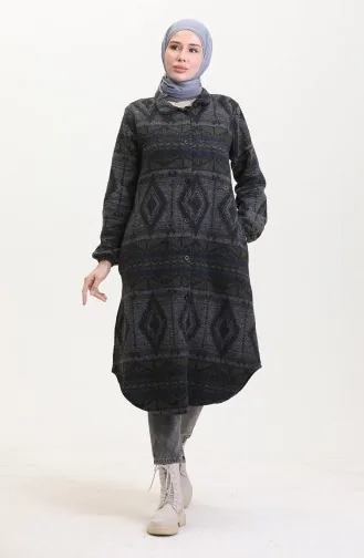 Ethnic Patterned Buttoned Winter Coat 2500-05 Khaki Anthracite 2500-05