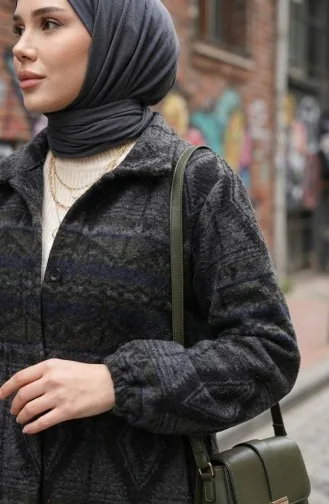 Ethnic Patterned Buttoned Winter Coat 2500-05 Khaki Anthracite 2500-05