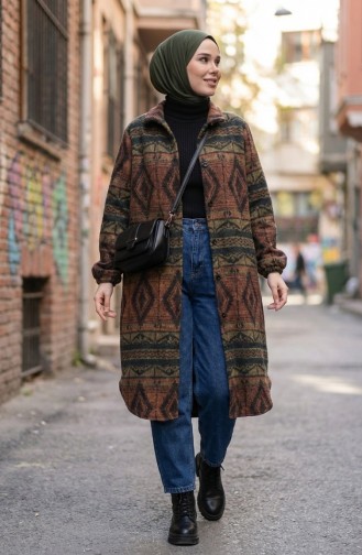 معطف شتوي بأزرار ونقوش عرقية 2500-06 أحمر طوبي أخضر زمردي 2500-06