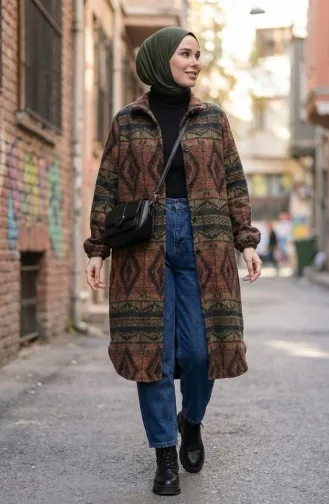 Manteau D`hiver Boutonné à Motifs Ethniques 2500-06 Rouge Brique Vert émeraude 2500-06