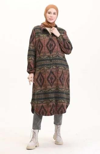 Manteau D`hiver Boutonné à Motifs Ethniques 2500-06 Rouge Brique Vert émeraude 2500-06