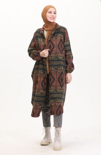 معطف شتوي بأزرار ونقوش عرقية 2500-06 أحمر طوبي أخضر زمردي 2500-06