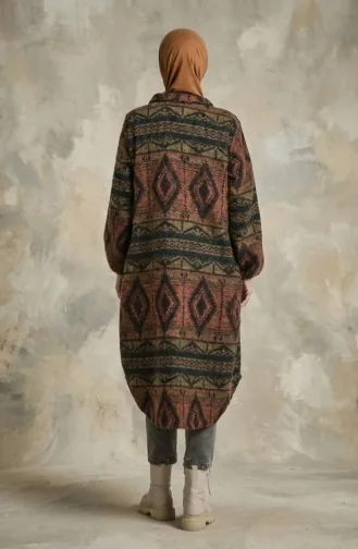 Manteau D`hiver Boutonné à Motifs Ethniques 2500-06 Rouge Brique Vert émeraude 2500-06