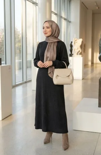 Geplooide Hijabjurk Met Geplooide Details 2187-02 Zwart 2187-02