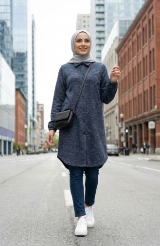 Gömlek Yaka Boydan Düğmeli Kışlık Tunik 2501A-02 İndigo