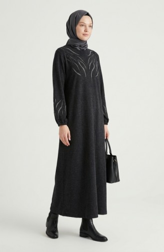 Robe Hijab D`hiver En Maille Imprimée Pierre 2194-03 Noir 2194-03