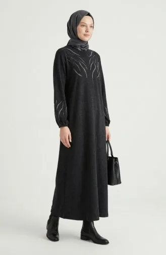 Knitted Fabric Winter Stone Print Hijab Dress 2194-03 Black 2194-03