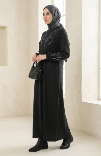 Robe Hijab D`hiver En Maille Imprimée Pierre 2194-03 Noir 2194-03