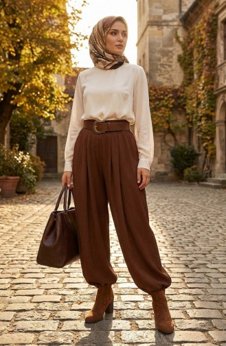 بنطلون شالوار بخصر مطاطي 0001-02 بني 0001-02