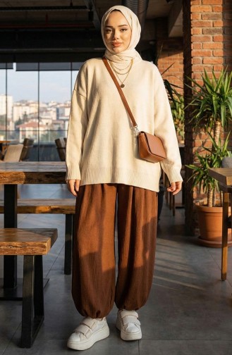 بنطلون شالوار بخصر مطاطي 0001-02 بني 0001-02