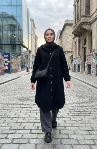 معطف كشمير بغطاء رأس وأزرار 0201-05 أسود 0201-05