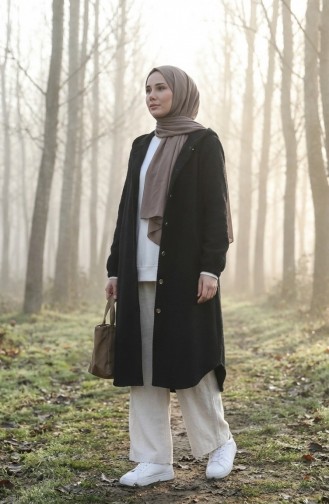 معطف كشمير بغطاء رأس وأزرار 0201-05 أسود 0201-05