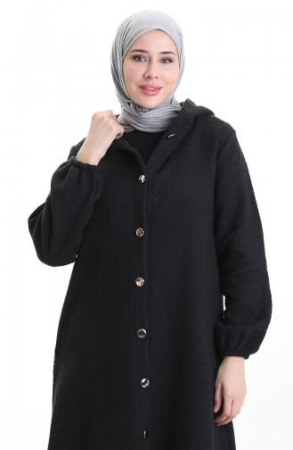 معطف كشمير بغطاء رأس وأزرار 0201-05 أسود 0201-05