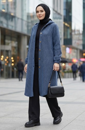 Kapuzenmantel Aus Kaschmir Mit Knöpfen 0201-14 Blau 0201-14