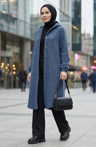 Kapüşonlu Düğmeli Kaşe Kap 0201-14 Mavi