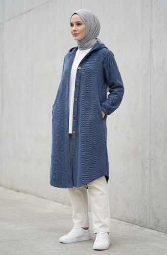 Kapuzenmantel Aus Kaschmir Mit Knöpfen 0201-14 Blau 0201-14