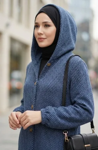 Kapüşonlu Düğmeli Kaşe Kap 0201-14 Mavi