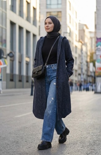 معطف كشمير بغطاء رأس وأزرار 0201-15 أزرق داكن 0201-15