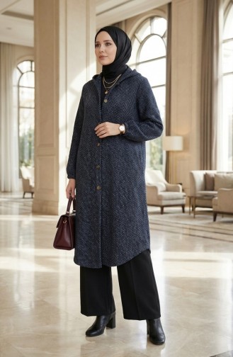 معطف كشمير بغطاء رأس وأزرار 0201-15 أزرق داكن 0201-15